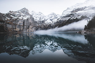 reflection photography of mountain beside lake