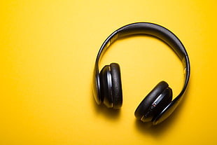 black wireless headphones, Headphones, Yellow background, Music