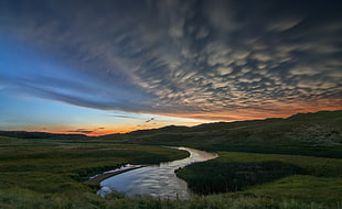 river and green grass field, sky, clouds, landscape, river