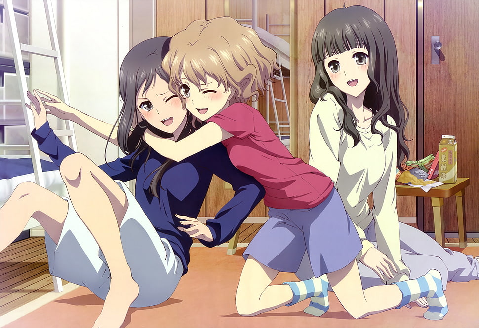 three female anime characters HD wallpaper