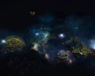 floating islands illustration, space, stars, planet