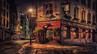 red and gray concrete building, city, night, London, pub HD wallpaper