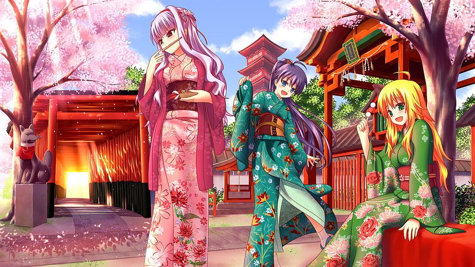 three woman in Japanese attire anime illustration HD wallpaper