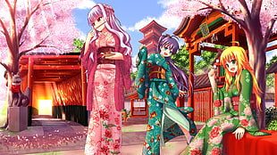 three woman in Japanese attire anime illustration