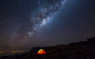 red tent under milky way, night, camping, stars, landscape