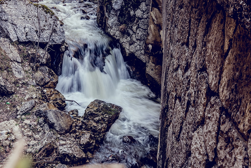 brown stone, Waterfall, Stones, River HD wallpaper