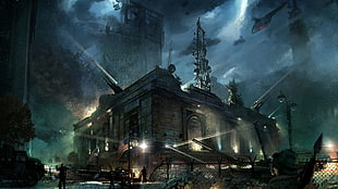 brown and black cathedral, apocalyptic, futuristic, dark, artwork HD wallpaper