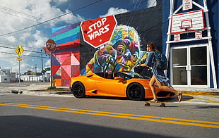 orange Lamborghini near skating person, women, skateboard, skateboarding, backpacks HD wallpaper
