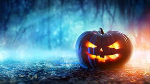 orange jack o lantern, pumpkin, Halloween, depth of field, digital art