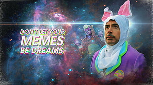 men's white rabbit headdress, memes, Robert Downey Jr., space
