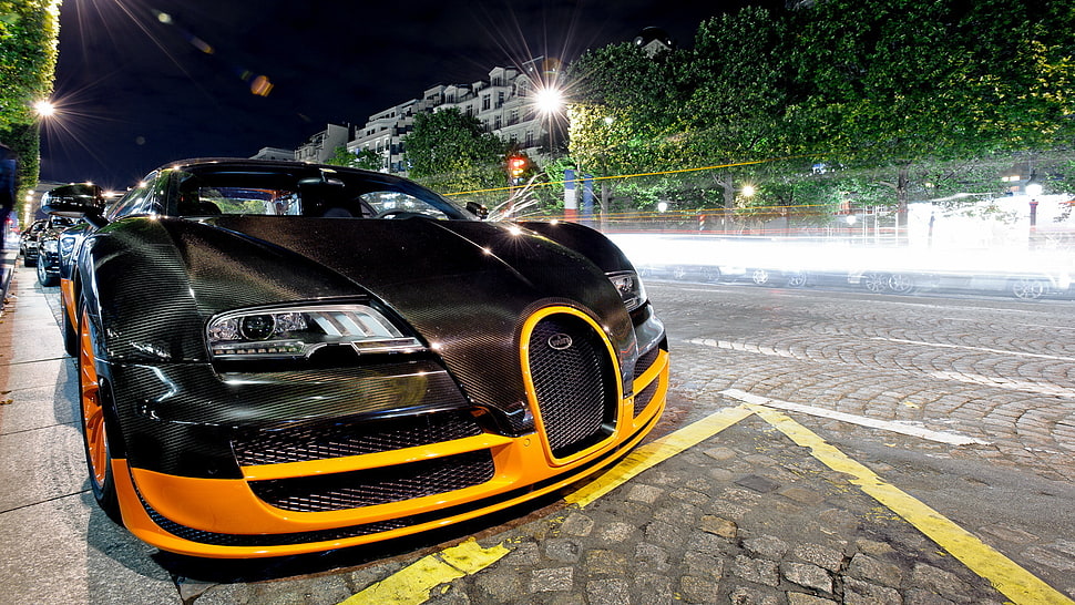Bugatti Veyron, car, black cars, street HD wallpaper