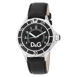 closeup photo of round black and silver-colored Dolce & Gabanna analog watch with black leather strap in white background