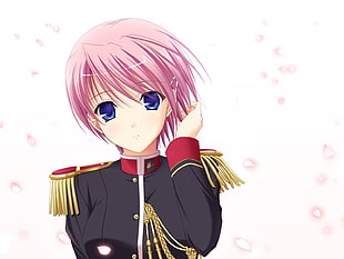 girl with pink hair wearing black military to anime