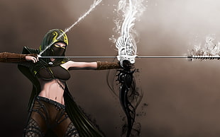 female character wearing brown and black clothing while holding white and black bow and arrow