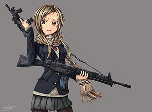 woman anime character holding assault rifle illustration