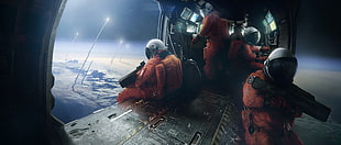 astronaut wearing orange suit digital wallpaper