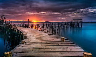 brown wooden dock, sunset, ports, dock, hills HD wallpaper