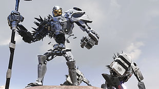 silver robot holding black spear