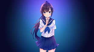 female anime wearing white and blue school uniform