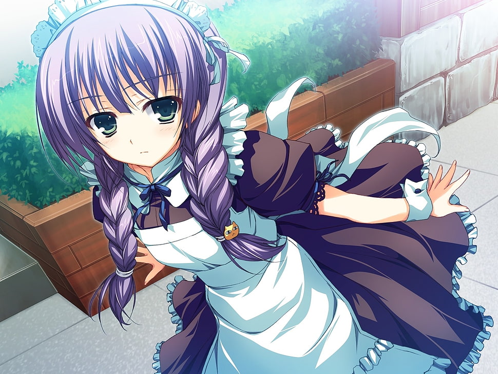 purple haired maid anime illustration HD wallpaper