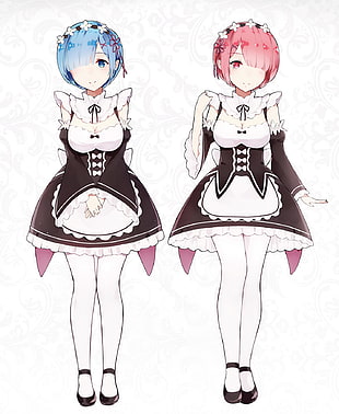 Rem and Ram Re: Zero characters, Re:Zero Kara Hajimeru Isekai Seikatsu, Rem (Re: Zero), Ram (Re: Zero), white background HD wallpaper