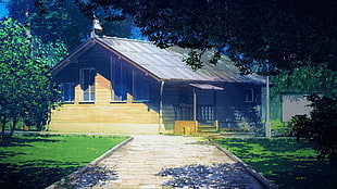 brown, white, and gray wooden house, cottage, trees, sunlight, path