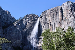 gray rock formation with water falls under blue sky, yosemite