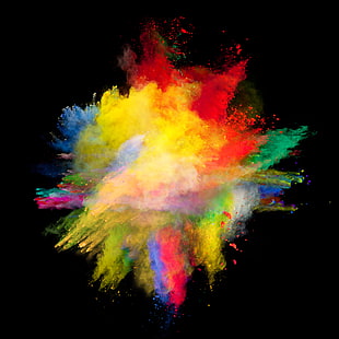 yellow, red, blue, and green abstract painting, powder explosion, powder