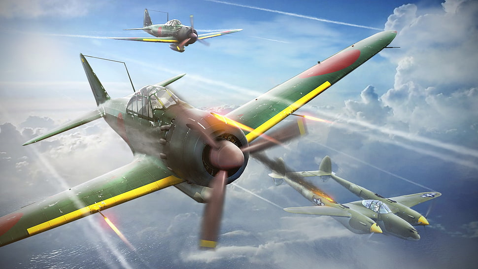 green Nakajima Ki-84 illustration, War Thunder, airplane, Gaijin Entertainment, video games HD wallpaper
