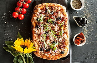 pizza with toppings, food, tomatoes, sunflowers, pizza