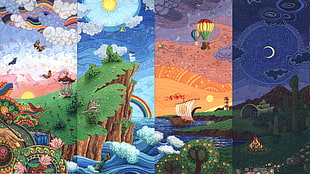 multicolored of island abstract painting, artwork, rainbows, Moon, clouds