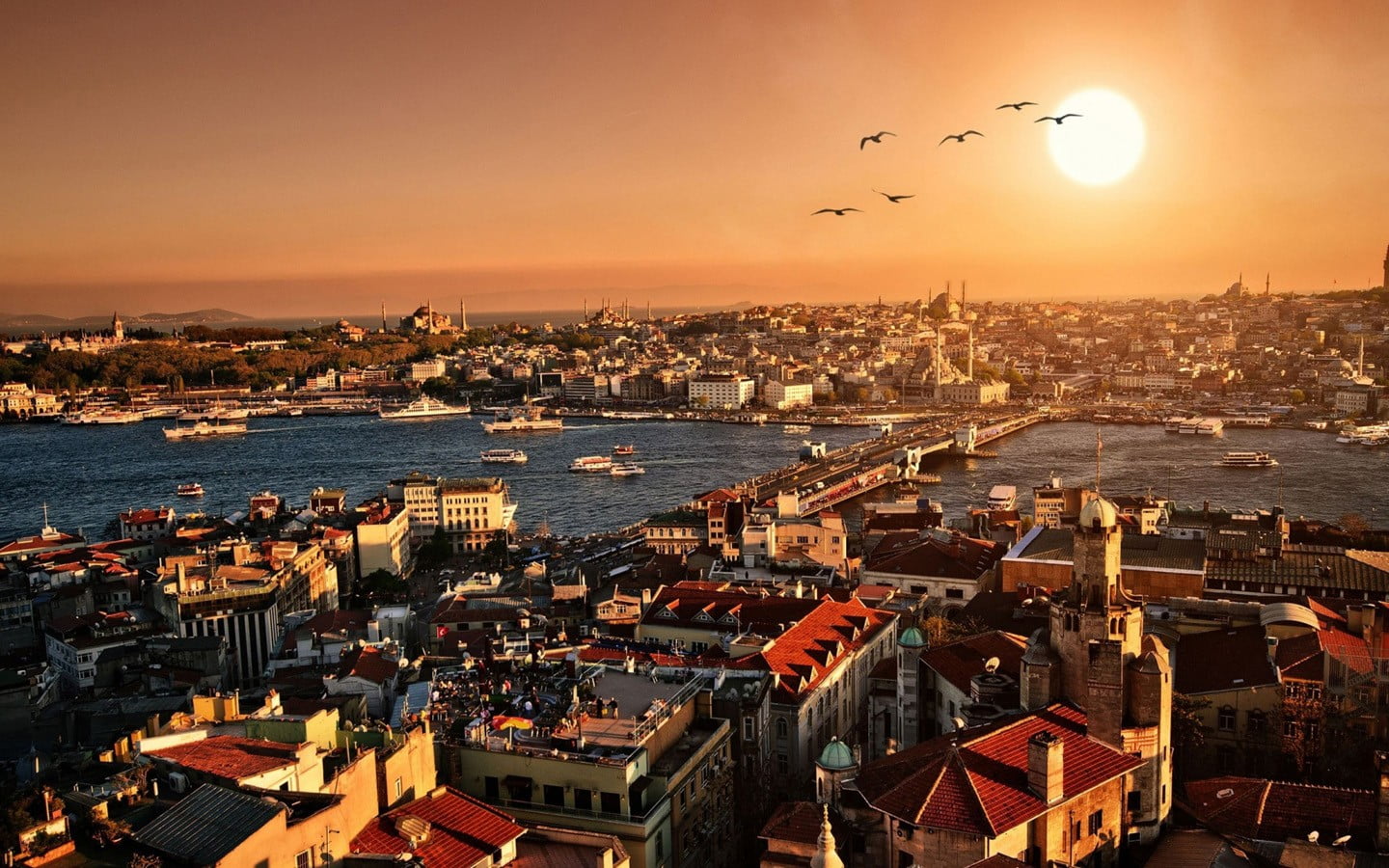 black and brown wooden table, Istanbul, Turkey, sunset, cityscape