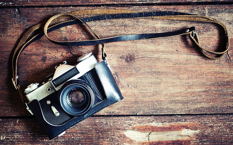 black and silver camera with leather case, camera, wooden surface HD wallpaper