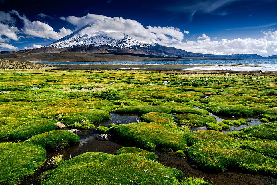 snow covered mountain, volcano, lake, clouds, Chile HD wallpaper