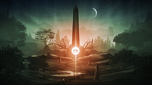 crescent moon illustration, Desktopography, fantasy art, Obelisk, Moon HD wallpaper