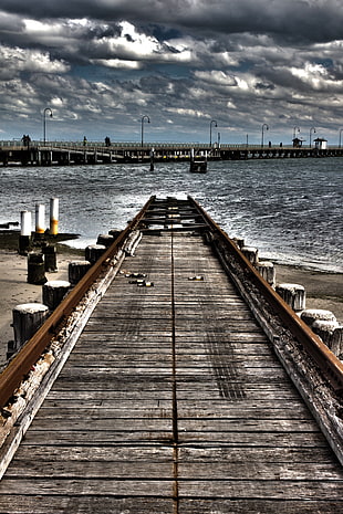 brown and gray metal framed beach bridge photo HD wallpaper