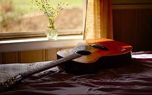 brown and black acoustic guitar, guitar, window, vases, flowers