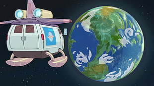 vehicle spacecraft going towards planet Earth illustration, Rick and Morty, Adult Swim, cartoon HD wallpaper