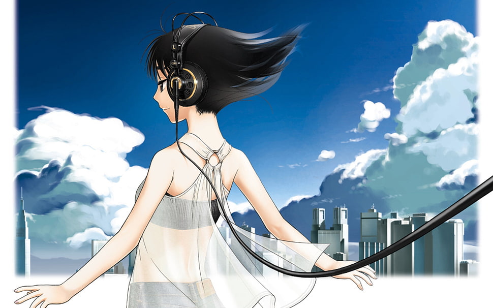 black haired female anime character wearing black brassiere and white mesh shirt with headphones HD wallpaper