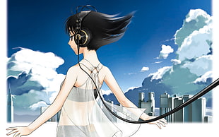 black haired female anime character wearing black brassiere and white mesh shirt with headphones