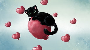 painting of black cat on red balloon