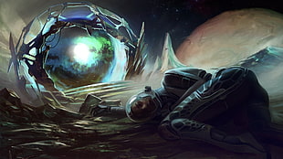 fantasy digital painting of man lying down on gray ground