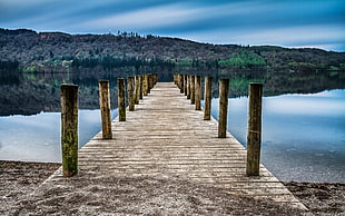 brown wooden river dock under blue sky photo