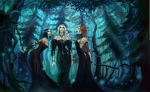three women in black dress in forest characters