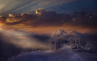 snow covered mounted, landscape, nature, sunset, winter
