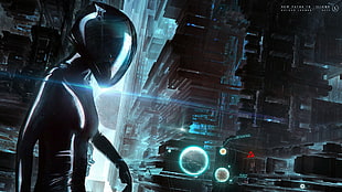 person wearing black suit and helmet digital wallpaper, futuristic, architecture, futuristic city, science fiction