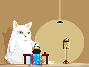 cat holding teapot near birdcage graphic art