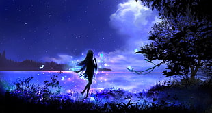 silhouette of elf illustration, forest, fairies, lake, stars