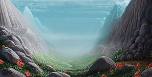 plains and rockhills digital wallpaper, artwork, mountains, landscape, red flowers HD wallpaper