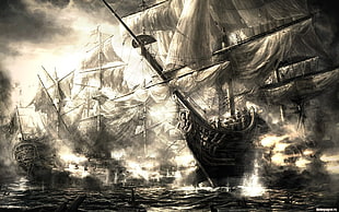 gray ships art, ship, monochrome, pirates HD wallpaper